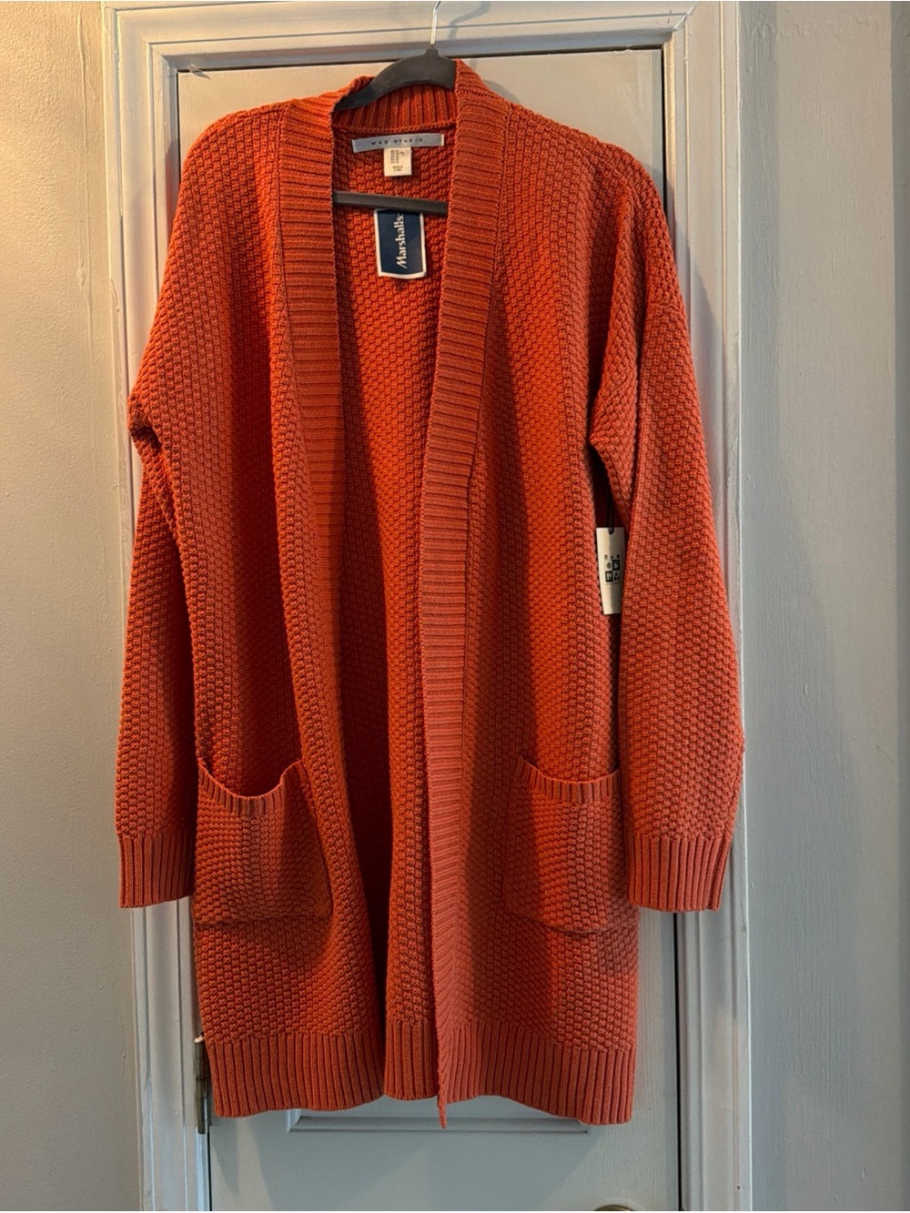 Max Studio Open-Front Textured Cardigan in Rust Orange